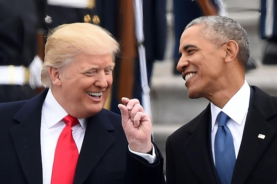  Trump shares a joke with outgoing President Barrack Obama but has continued to lay into his predecessors record in office