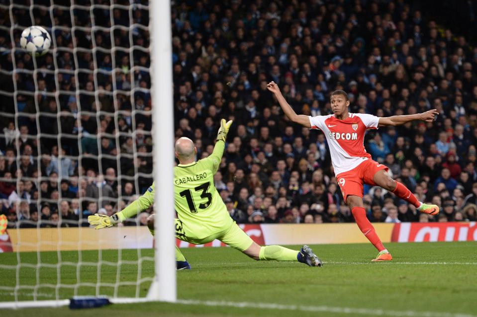  Kylian Mbappe scores Monaco's second goal in 5-3 loss to Manchester City