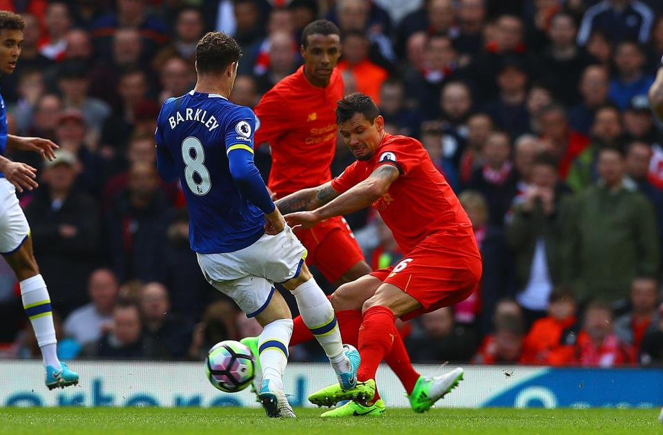  Ross Barkley goes in late on Dejan Lovren