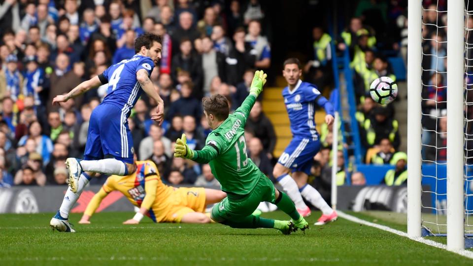  Cesc Fabregas gets on to an Eden Hazard cross to fire Chelsea into an early lead