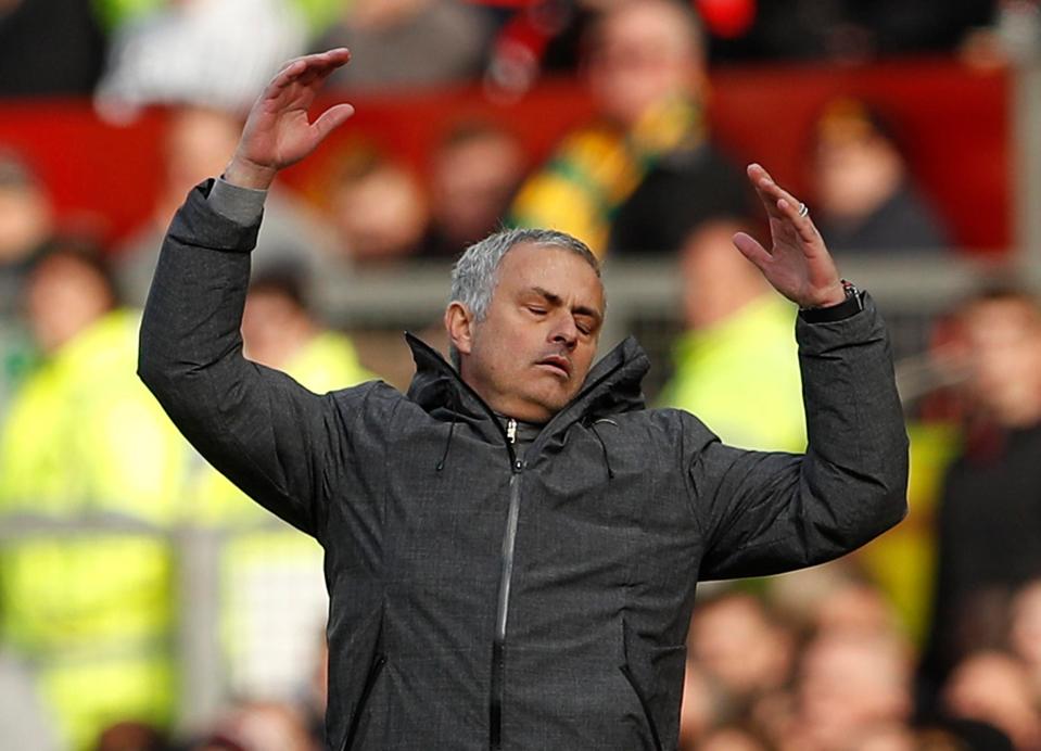  Jose Mourinho watches on in frustration as United draw at home for the eighth time at Old Trafford this season