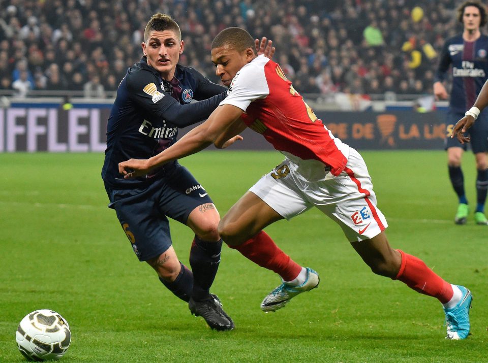  Monaco favourite Kylian Mbappe races with Paris Saint-Germain's Marco Verratti