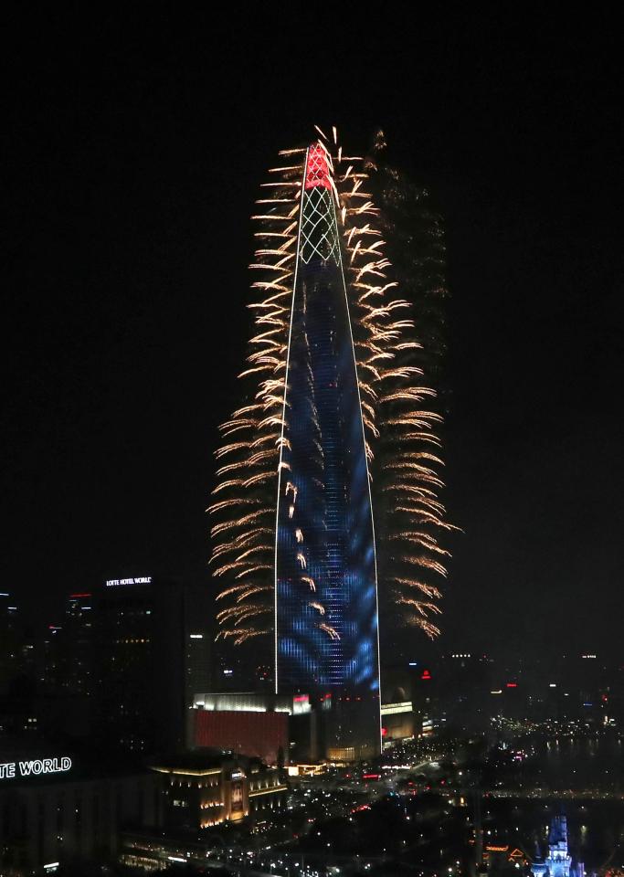  The 123-story Lotte World Tower was unveiled to the public with fireworks in South Korea