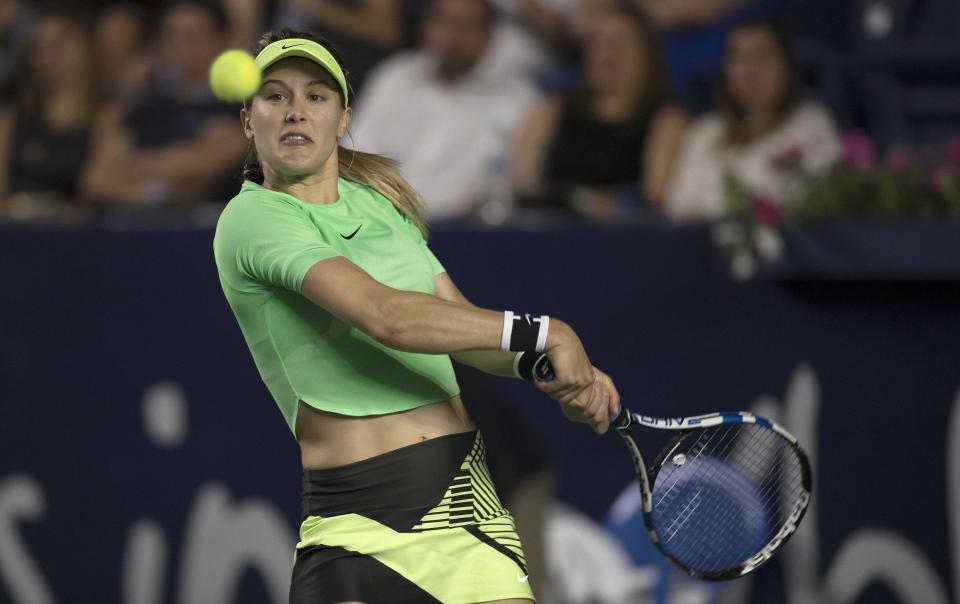  Mimi is the cousin of tennis star Eugenie Bouchard, pictured playing at the Monterrey Open tennis tournament in Mexico on April 3 2017