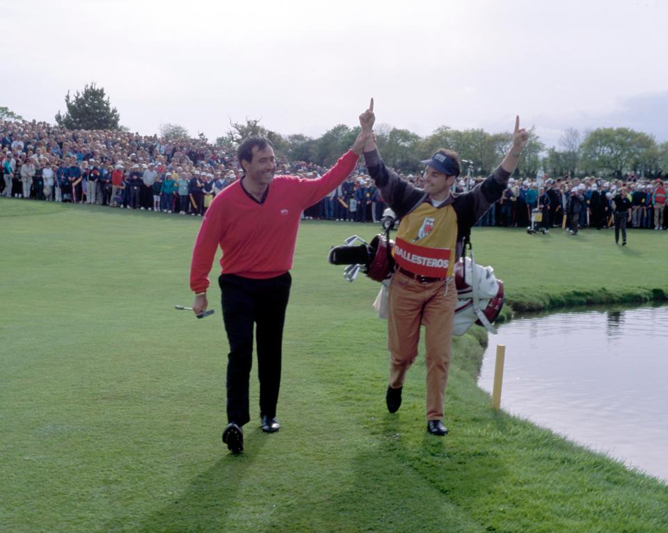  Foster and Ballesteros celebrate at the Benson and Hedges International Open