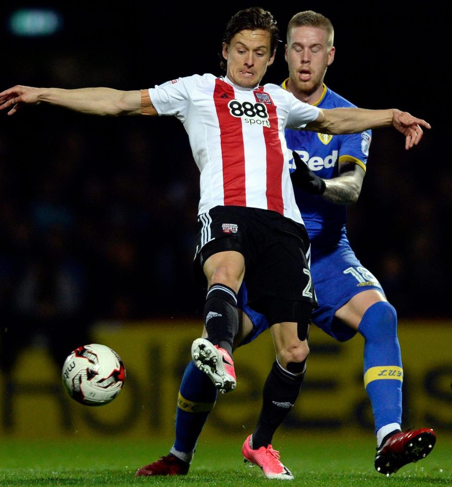  Brentford's Lasse Vibe vies with Pontus Jansson