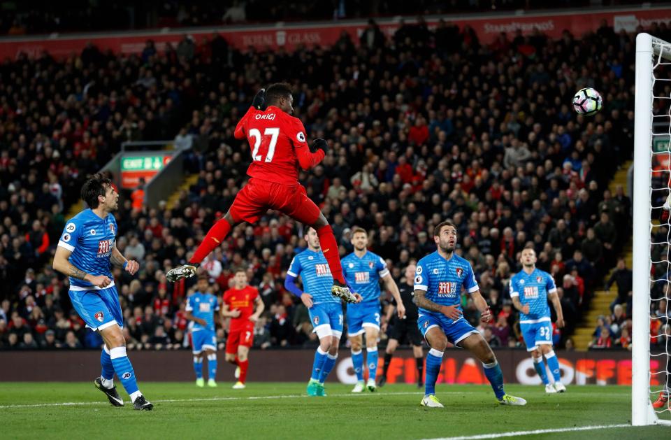  Divock Origi rose high at the far post to head Liverpool into the lead in the second half