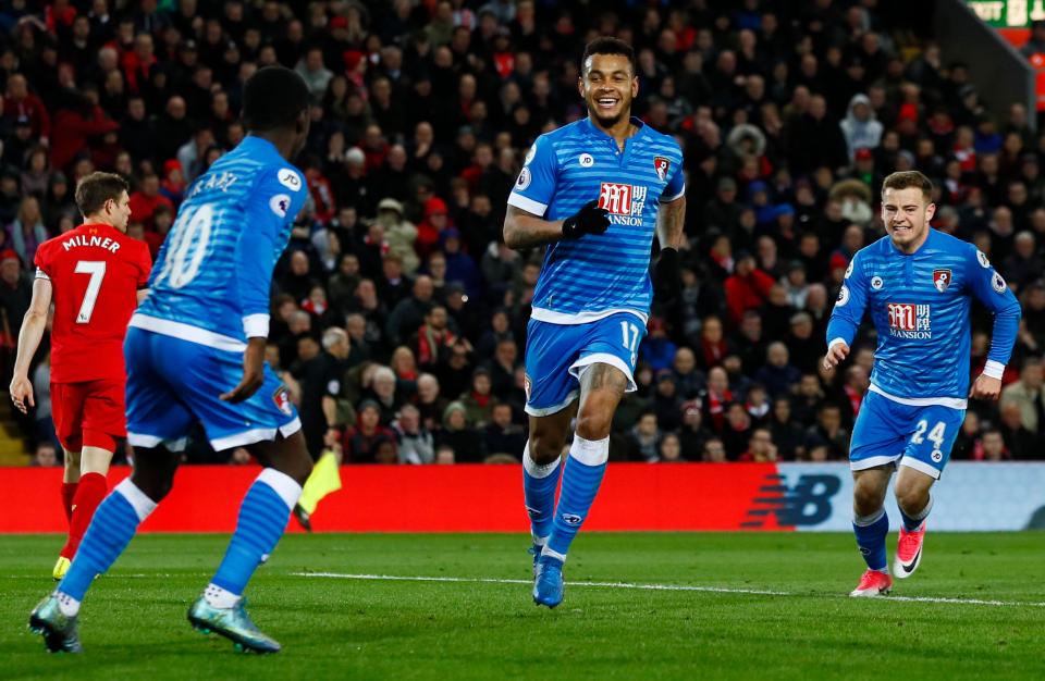  Josh King celebrates his late equaliser for Bournemouth at Anfield