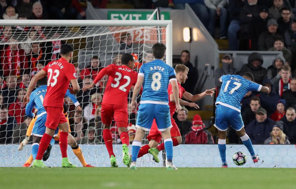  Josh King slots home a late equaliser to stun Anfield