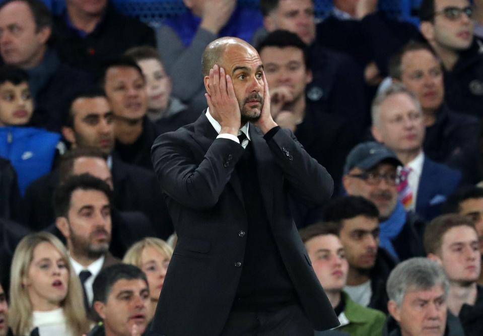  Pep Guardiola reacts to Chelsea scoring during Manchester City's defeat at Stamford Bridge on Wednesday