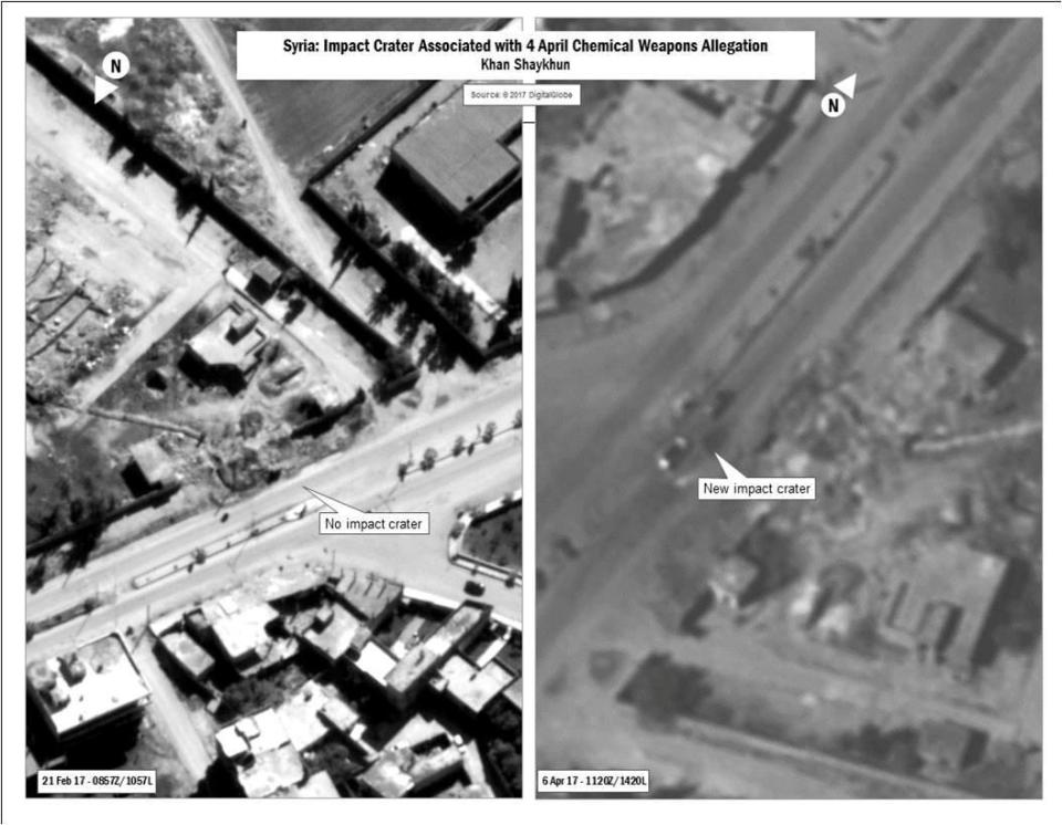  A combination image released by the US Department of Defense which they say shows the impact crater associated with April 4, 2017 chemical weapons allegation