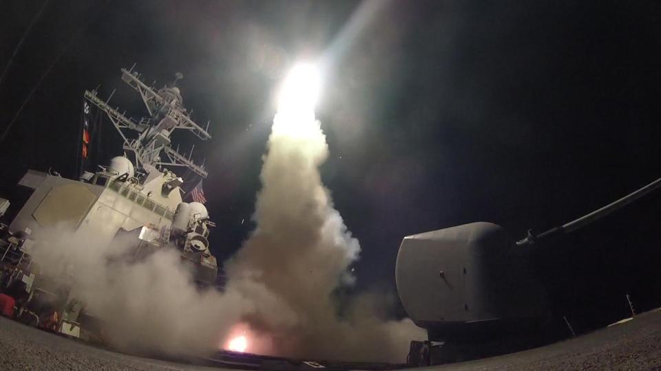  A Tomahawk cruise missile is fired from a US warship at a Syrian regime airbase amid allegations of chemical warfare strikes on civilians