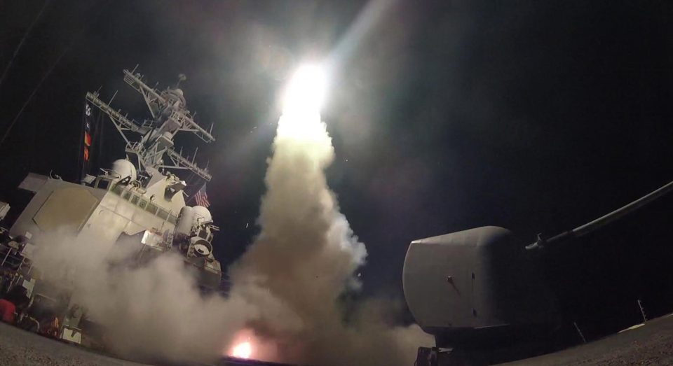  The Pentagon has released footage of missiles being launched from US Navy ships, targeted at a Syrian airfield