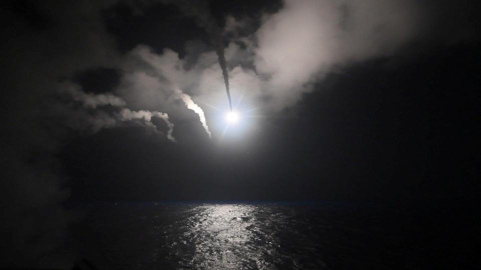  A US-launched missile heads for the al-Shayrat military airfield near Homs in Syria on Thursday night where it caused severe damage to military aircraft and weapons