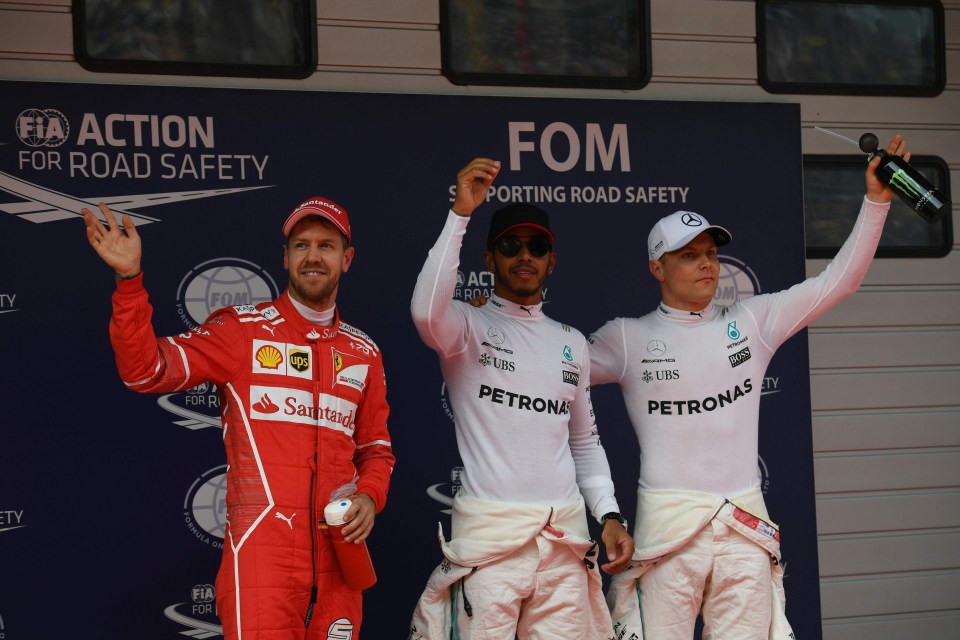 Lewis Hamilton (middle) was fastest in qualifying with Sebastian Vettel (left) second and Valtteri Bottas third (right)