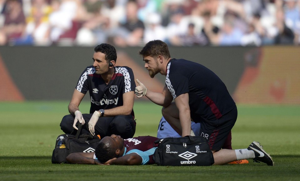 Michail Antonio gets treatment on the pitch at the London Stadium after aggravating a hamstring injury