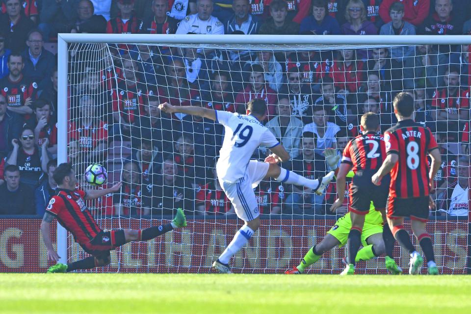  You can tell from this shot from the game that Diego Costa's effort at goal was totally re-aligned via the deflection