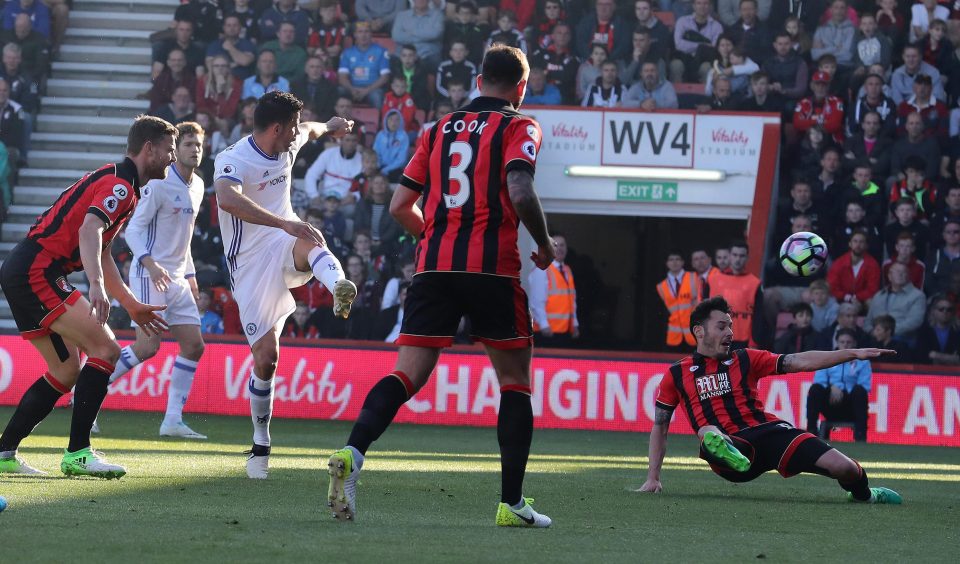  Chelsea striker Diego Costa skewed his shot at goal - but the ball hit Adam Smith and went in