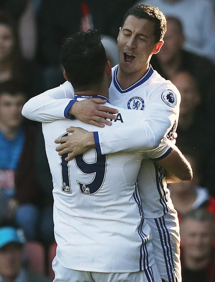  Eden Hazard is congratulated by tewam-mate Diego Costa after scoring Chelsea's second goal in as many minutes at the Vitality Stadium