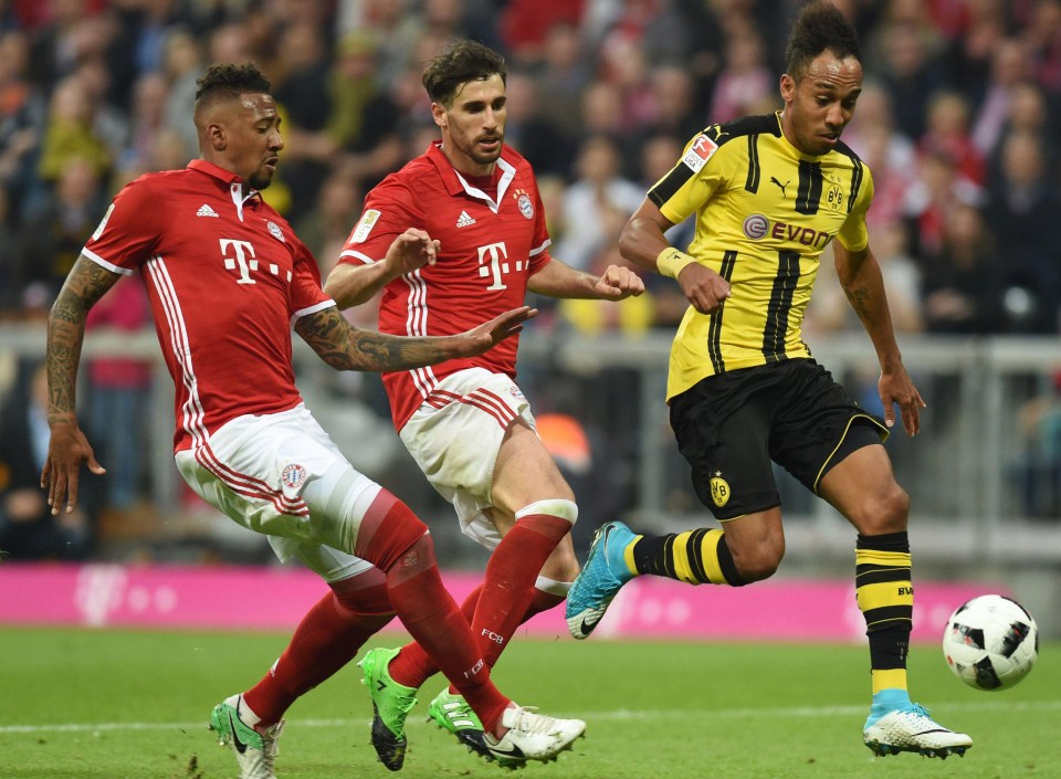 erome Boateng and Javi Martinez try to shut out Pierre-Emerick Aubameyang