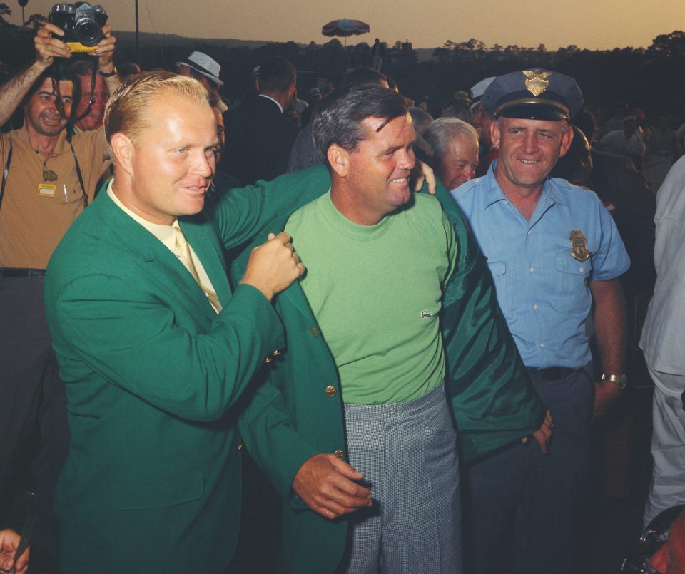  Jack Nicklaus has more green jackets than anyone else but had to hang around in 1967 after missing the cut to put the jacket round the shoulders of Gay Brewer