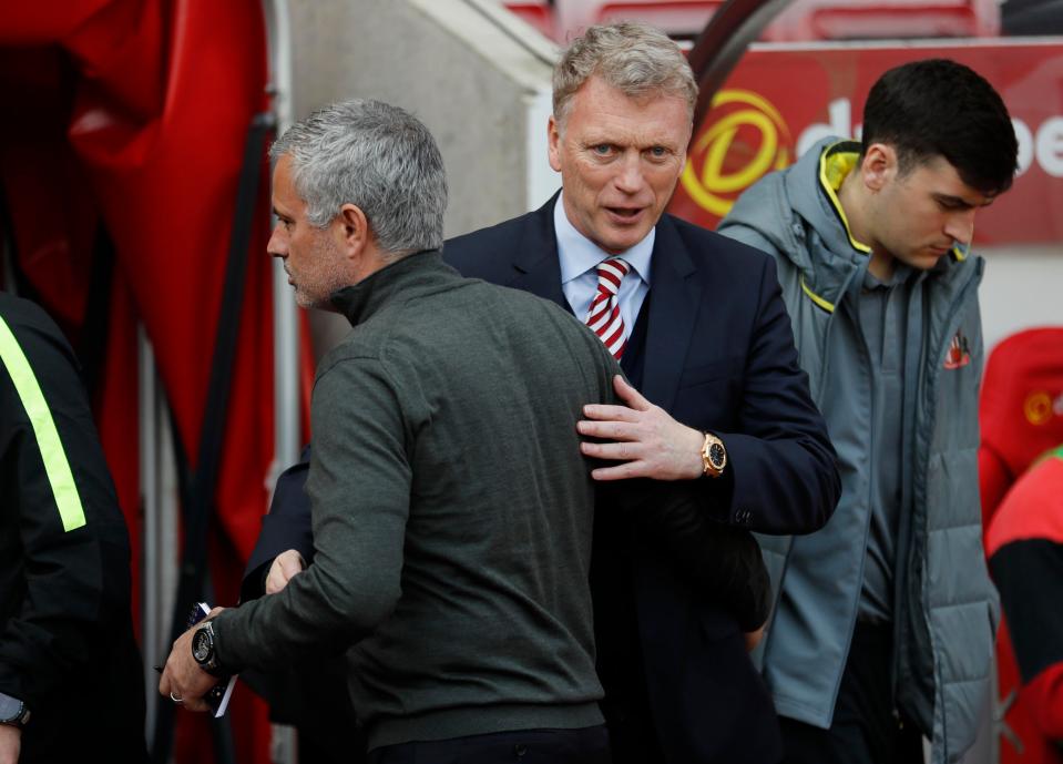  Former United boss David Moyes greets his opposite number Jose Mourinho