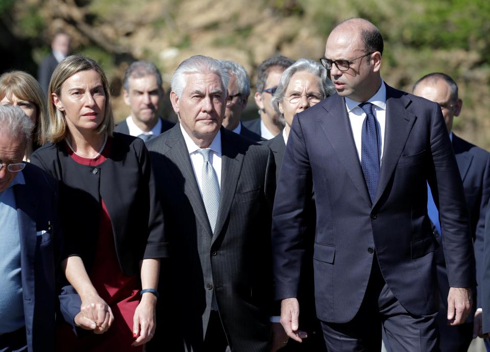  EU Foreign Affairs minister with Federica Mogherini with US Secretary of State Rex Tillerson and Italy's Foreign Minister Angelino Alfano today