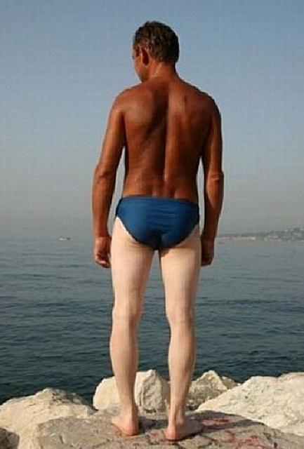 We think this sunseeker might want to spend a little more time working on tanning up his legs