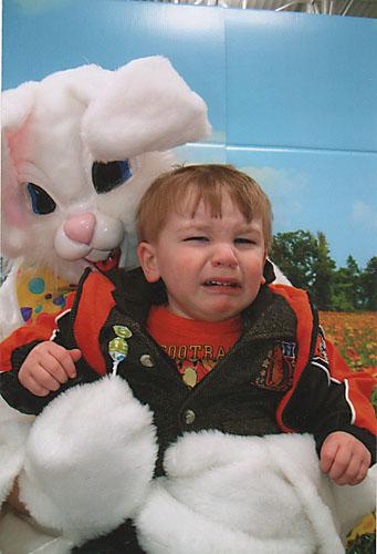 This disguise wasn’t great, as the tot could see the bloke’s hairy hands hiding behind the bunny costume