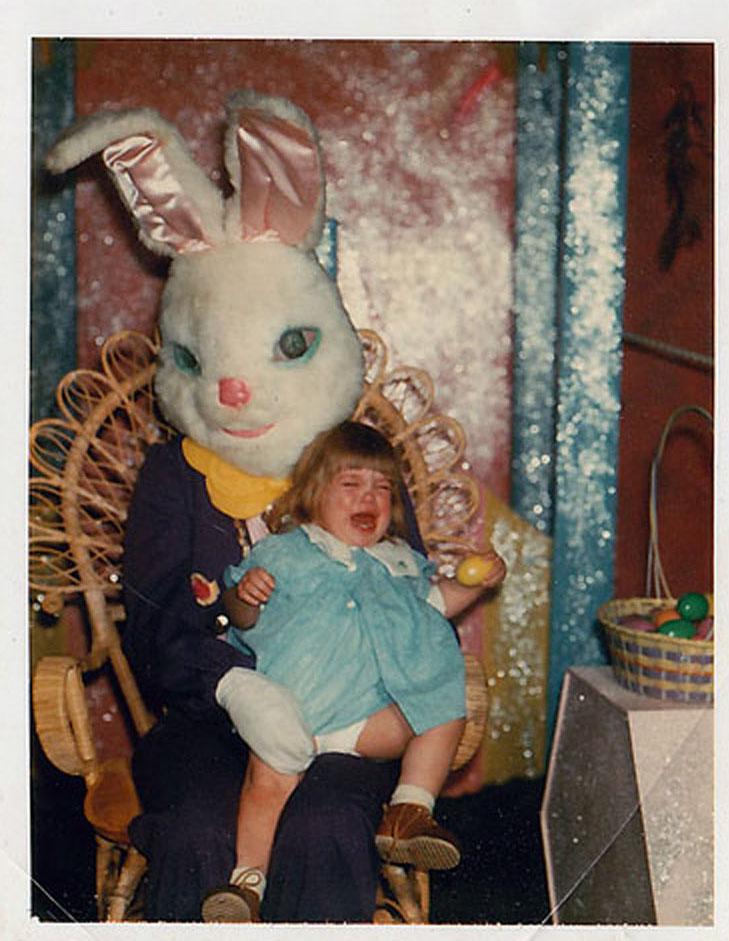 This vintage-looking rabbit’s head is far too big for his body, which might be why this Easter snap descended into chaos