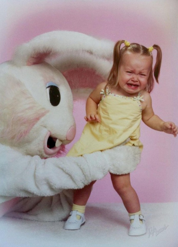 We don’t know what this Easter hare was thinking when he tried to reassure the little girl by giving her a hug