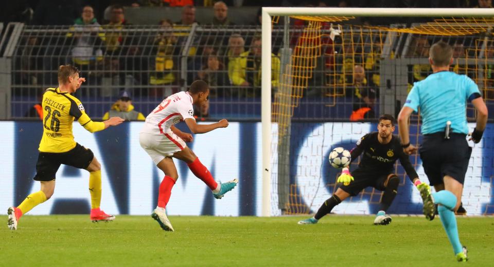  Kylian Mbappe capitalises on a mistake to score a third for Monaco in Dortmund