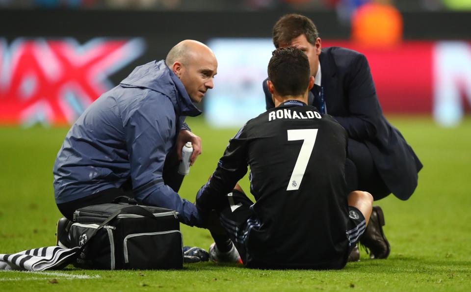  Cristiano Ronaldo receives treatment from Real Madrid physios at full-time