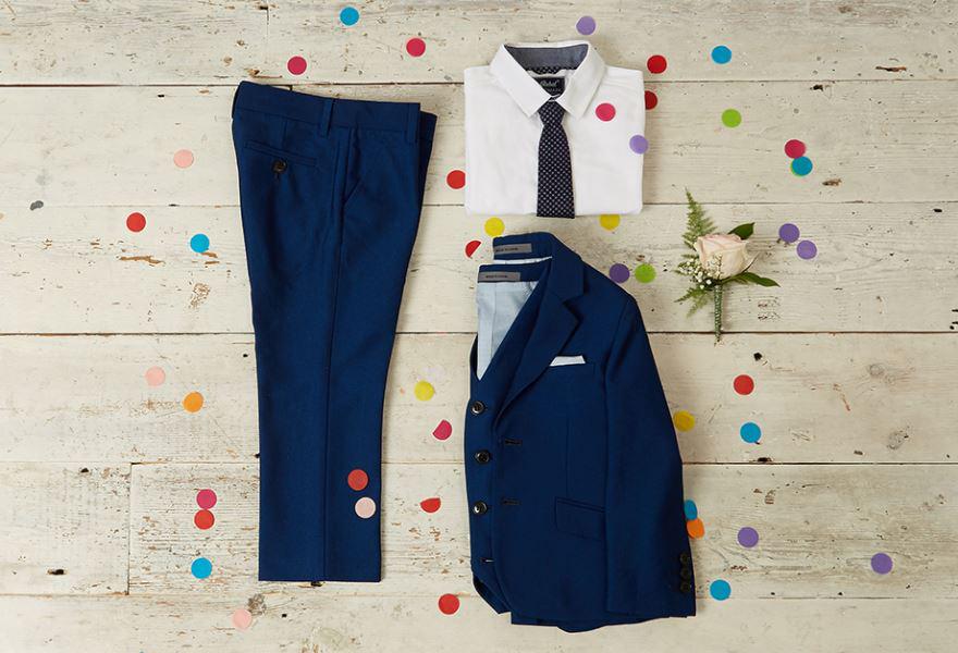  Pictured: ​Navy suit jacket £20, waistcoat £8, shirt and tie set £7, suit trousers £8