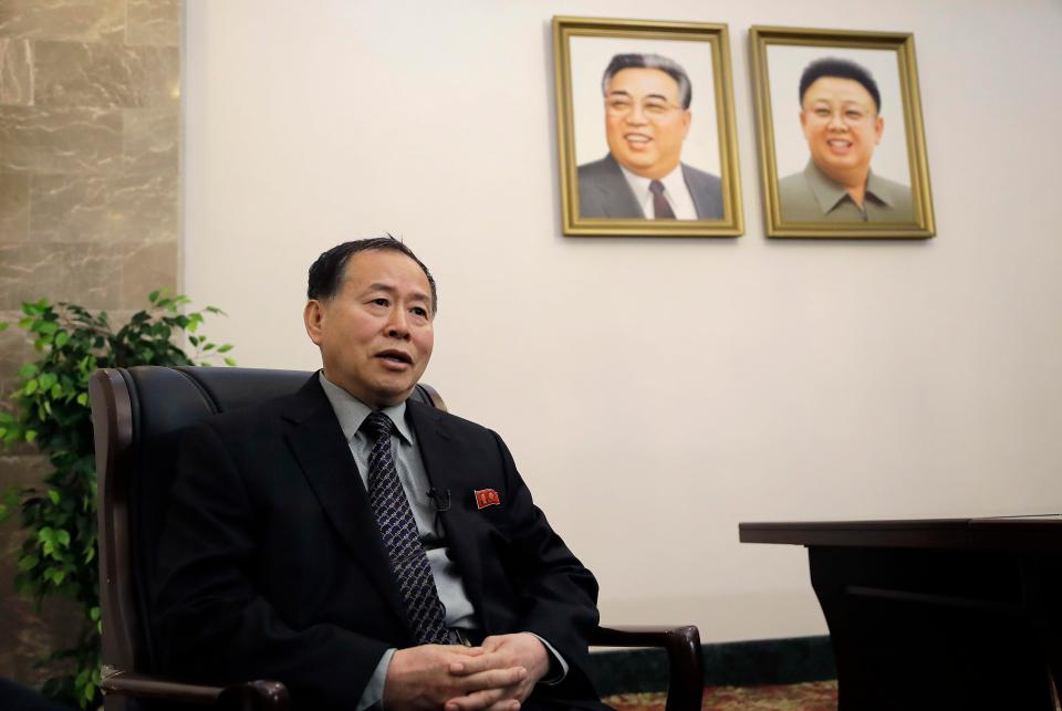  Kim Jong-un's foreign minister Han Song Ryol speaks to an AP reporter