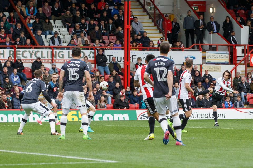  Jota scores one of his two goals on a superb day for Brentford