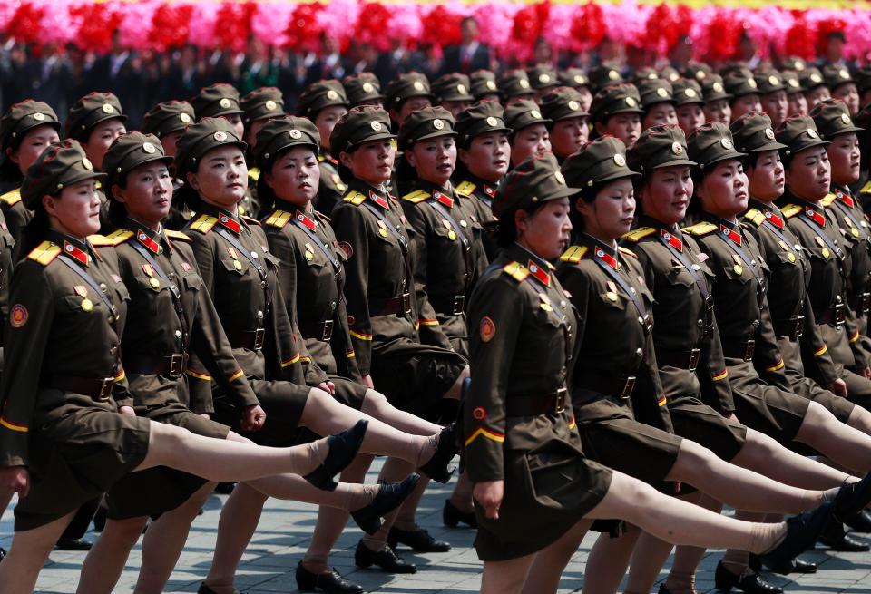  Female soldiers march during the celebrations on Saturday