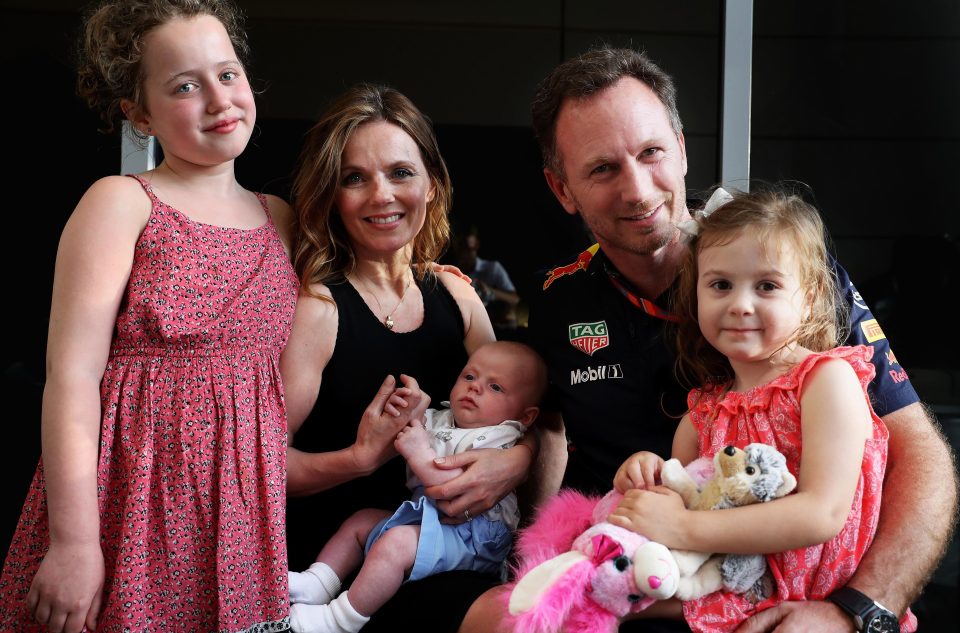  Christian Horner with his wife Geri Horner and their children (left) Bluebell, (centre) Montague and (right) Olivia