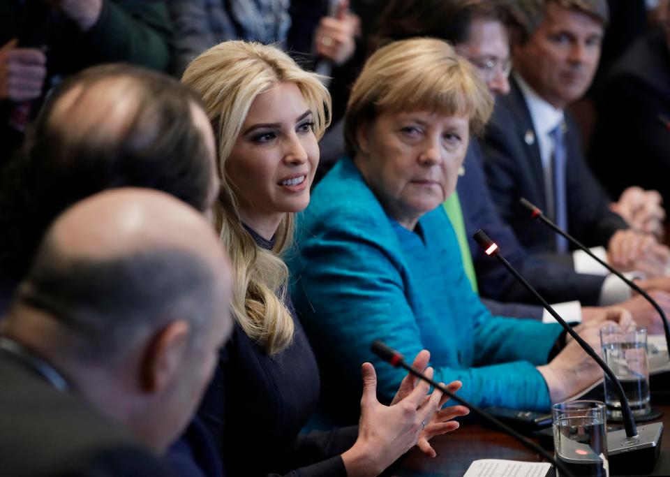  German Chancellor Angela Merkel listens as Ivanka Trump speaks during a meeting with President Donald Trump at the White House in Washington in March