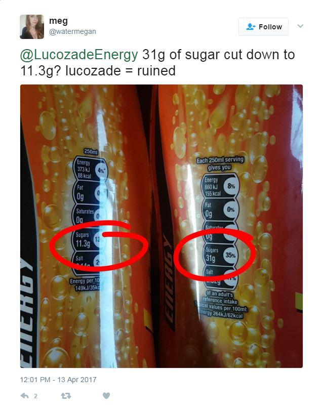  The new Lucozade has half the sugar than the original