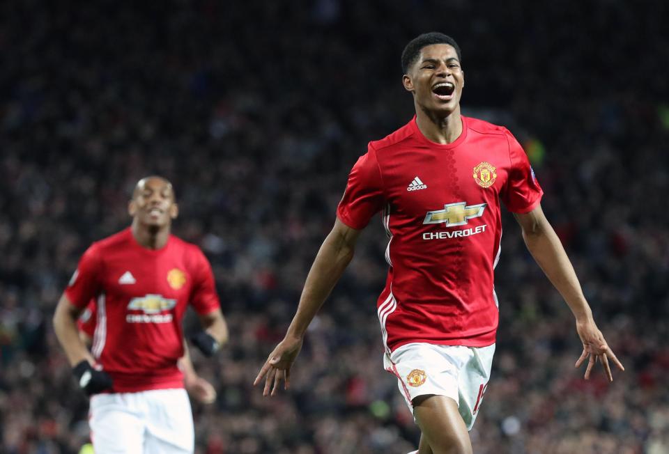  Marcus Rashford celebrates as his goal books Man United's spot in the last-four