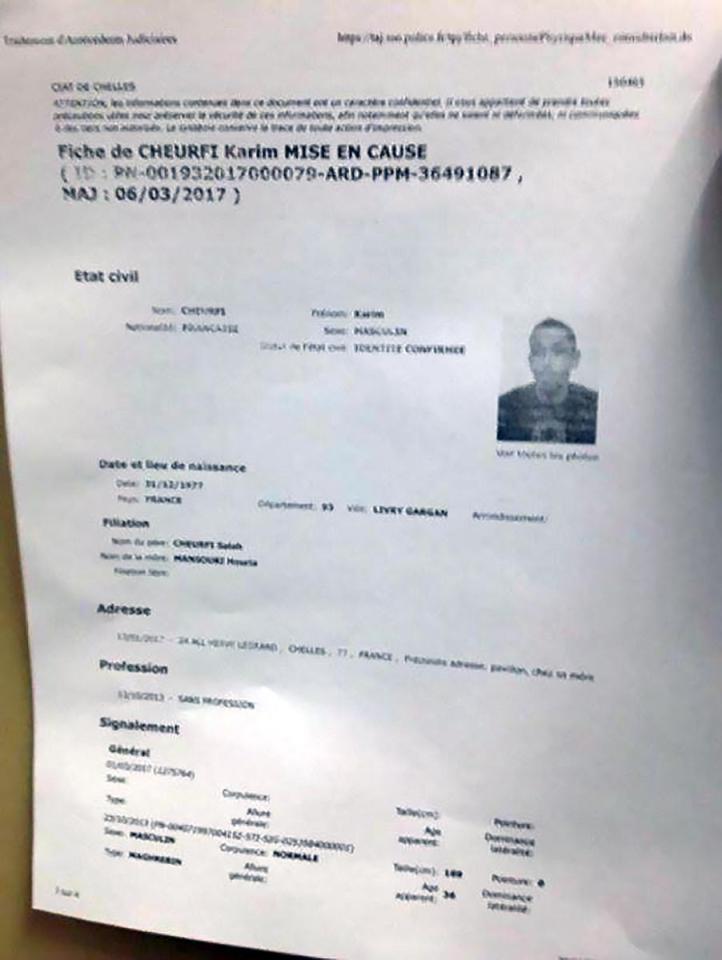  A police alert for suspect Karim Cheurfi, who is listed as unemployed