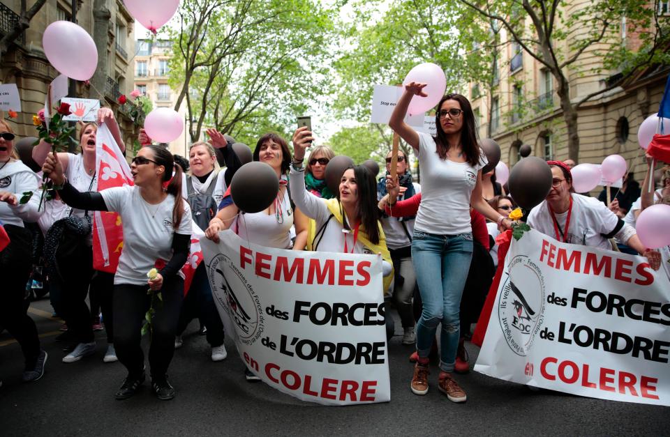  Women protest during a rally organised by the "Angry Police Wives" in support of French policemen