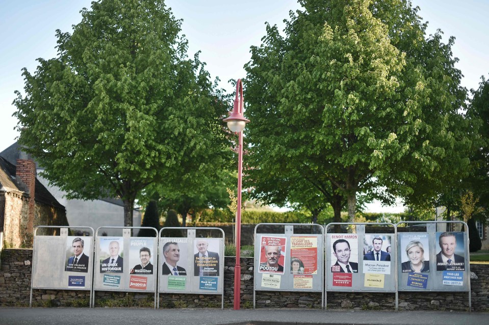 Electoral campaign posters showing all 11 candidates line the streets in towns across France