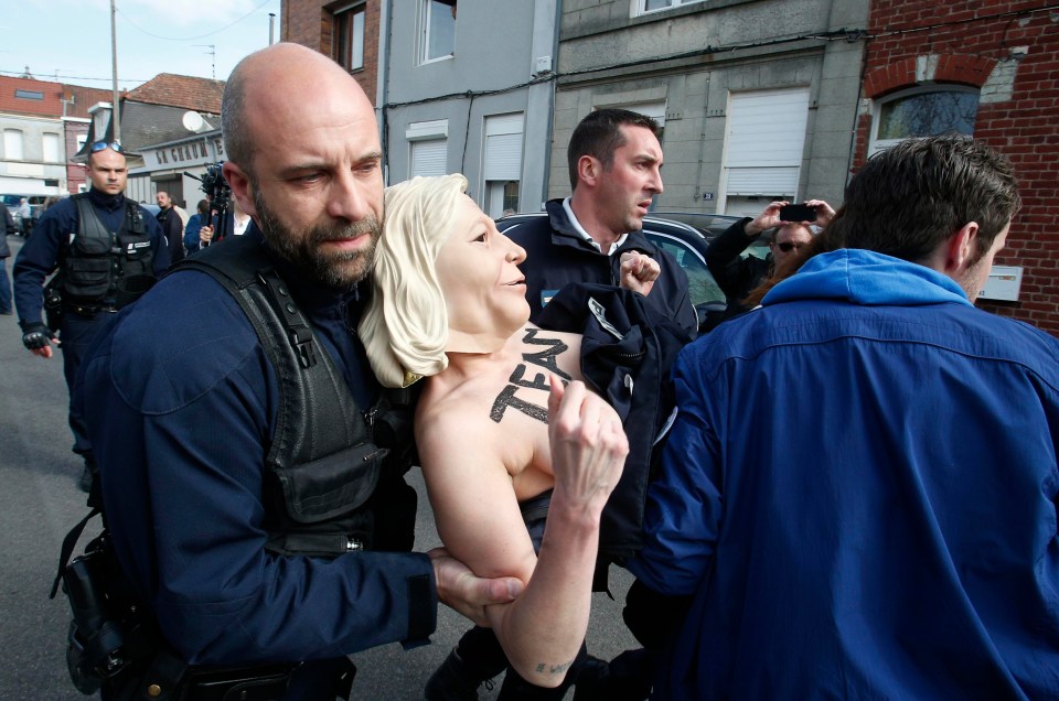 The group have been active against Le Pen – last week a topless member got onto a stage where the Front National leader was giving a speech