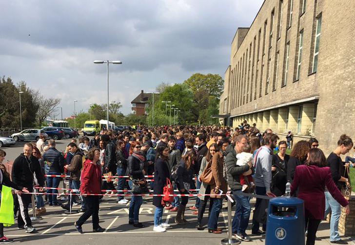 French citizens queuing to vote at Winston Churchill International High School polling station in Wembley, London