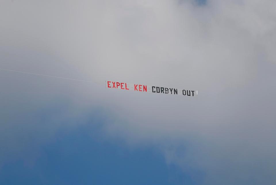 A banner was flown by a plane over Wembley Stadium reading Expel Ken Corybn Out