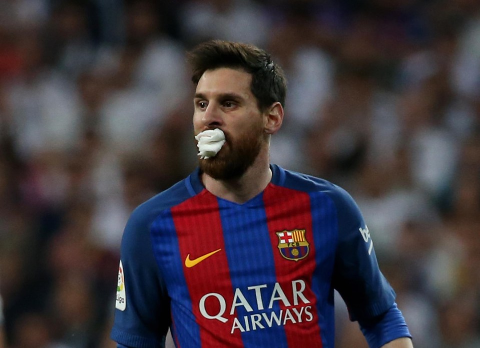 The Barca No 10 had to play with a bandage in his mouth for the rest of the first half