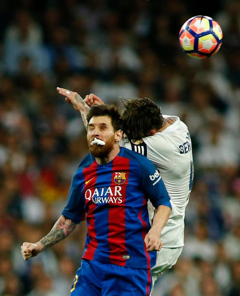 Lionel Messi even kept in the bloody tissue as he challenged for balls during the fiery clash