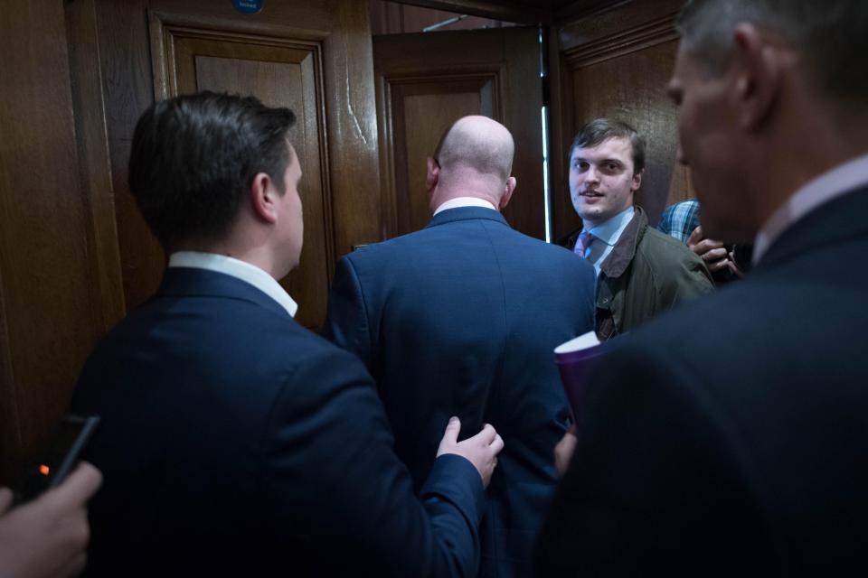  The Ukip leader was bundled out of the building after he failed to say if would stand next week